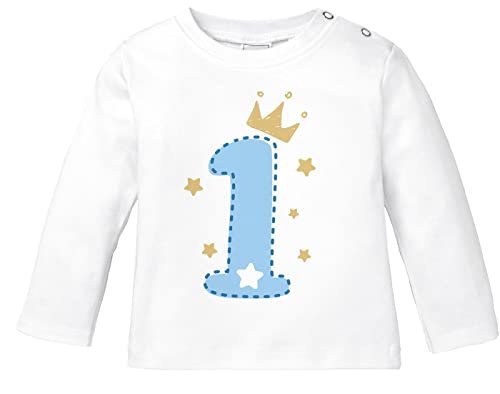 MoonWorks® Baby Langarm-Shirt 1. Geburtstag Zahl 1 BZW. 2 mit Krone Sternen Geburtstagsshirt Bio-Baumwolle 1 weiß/blau 80/86 (10-15 Monate) von MoonWorks