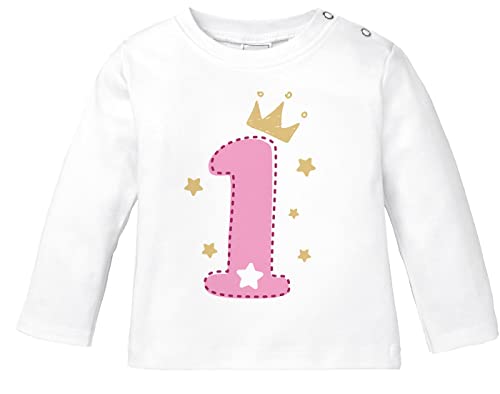 MoonWorks® Baby Langarm-Shirt 1. Geburtstag Zahl 1 BZW. 2 mit Krone Sternen Geburtstagsshirt Bio-Baumwolle 1 weiß-rosa 68/74 (4-9 Monate) von MoonWorks