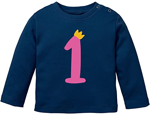 MoonWorks® Baby Langarm-Shirt 1. Geburtstag Zahl 1 Krone Geburtstagsshirt Geburtstagsshirt Bio-Baumwolle Junge Mädchen dunkelblau-pink 80/86 (10-15 Monate) von MoonWorks