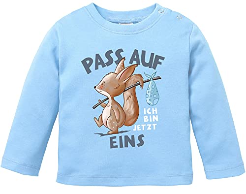 MoonWorks® Baby Langarm-Shirt 1. Geburtstag mit Spruch Ich Bin jetzt Eins | Zwei | DREI Eichhörnchen Tiere Geburtstagsshirt Bio-Baumwolle Junge/Mädchen 1 Jahr s hellblau 68/74 (4-9 Monate) von MoonWorks