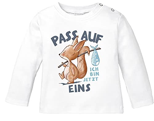 MoonWorks® Baby Langarm-Shirt 1. Geburtstag mit Spruch Ich Bin jetzt Eins | Zwei | DREI Eichhörnchen Tiere Geburtstagsshirt Bio-Baumwolle Junge/Mädchen 1 Jahr weiß 68/74 (4-9 Monate) von MoonWorks