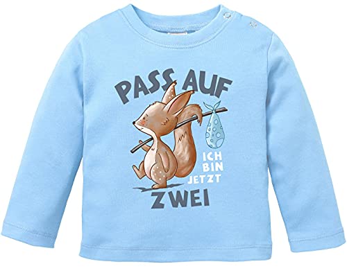 MoonWorks® Baby Langarm-Shirt 1. Geburtstag mit Spruch Ich Bin jetzt Eins | Zwei | DREI Eichhörnchen Tiere Geburtstagsshirt Bio-Baumwolle Junge/Mädchen 2 Jahre s hellblau 80/86 (10-15 Monate) von MoonWorks