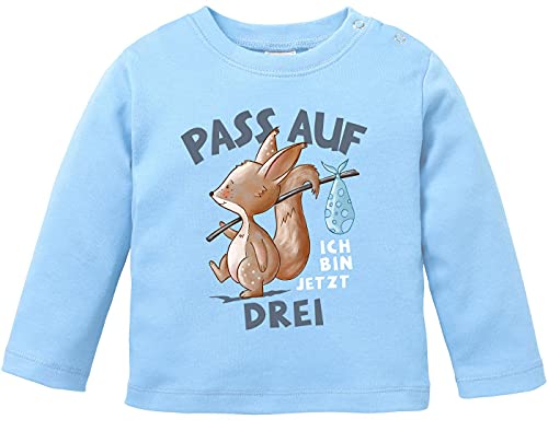 MoonWorks® Baby Langarm-Shirt 1. Geburtstag mit Spruch Ich Bin jetzt Eins | Zwei | DREI Eichhörnchen Tiere Geburtstagsshirt Bio-Baumwolle Junge/Mädchen 3 Jahre s hellblau 92/98 (16-24-Monate) von MoonWorks