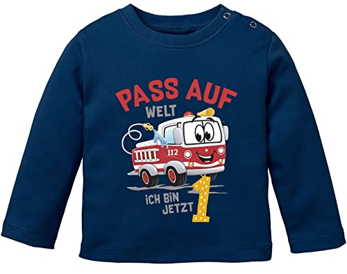 MoonWorks® Baby Langarm-Shirt 1.Geburtstag Feuerwehr-Auto Pass auf Welt ich Bin jetzt 1 Geburtstagsshirt Bio-Baumwolle Junge/Mädchen Navy 68/74 (4-9 Monate) von MoonWorks