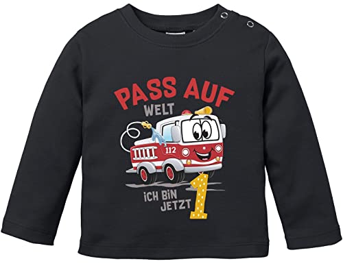 MoonWorks® Baby Langarm-Shirt 1.Geburtstag Feuerwehr-Auto Pass auf Welt ich Bin jetzt 1 Geburtstagsshirt Bio-Baumwolle Junge/Mädchen schwarz 92/98 (16-24-Monate) von MoonWorks