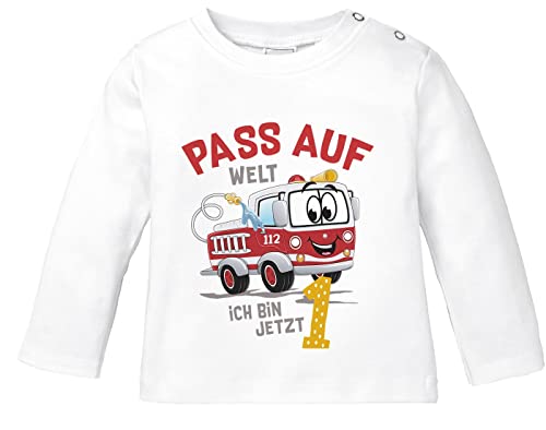 MoonWorks® Baby Langarm-Shirt 1.Geburtstag Feuerwehr-Auto Pass auf Welt ich Bin jetzt 1 Geburtstagsshirt Bio-Baumwolle Junge/Mädchen weiß 80/86 (10-15 Monate) von MoonWorks