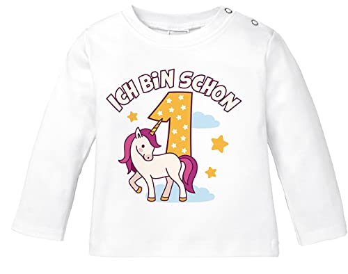 MoonWorks® Baby Langarm-Shirt Einhorn Alter Zahl Spruch Ich Bin Schon 1 (2) Geburtstagsshirt Bio-Baumwolle Mädchen 1 Jahr weiß 80/86 (10-15 Monate) von MoonWorks