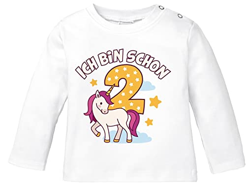 MoonWorks® Baby Langarm-Shirt Einhorn Alter Zahl Spruch Ich Bin Schon 1 (2) Geburtstagsshirt Bio-Baumwolle Mädchen 2 Jahre weiß 92/98 (16-24-Monate) von MoonWorks