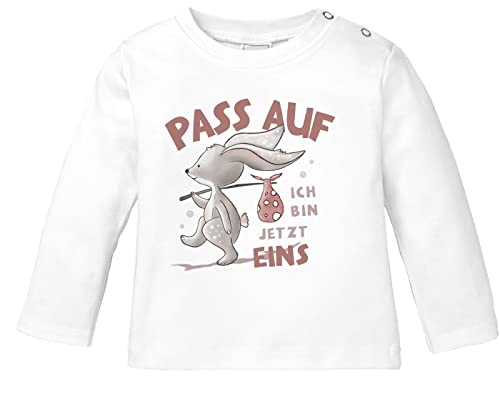 MoonWorks® Baby Langarm-Shirt mit Spruch zum Geburtstag Ich Bin jetzt Eins | Zwei | DREI Hase Tiere Bio-Baumwolle Junge/Mädchen 1 Jahr weiß 80/86 (10-15 Monate) von MoonWorks