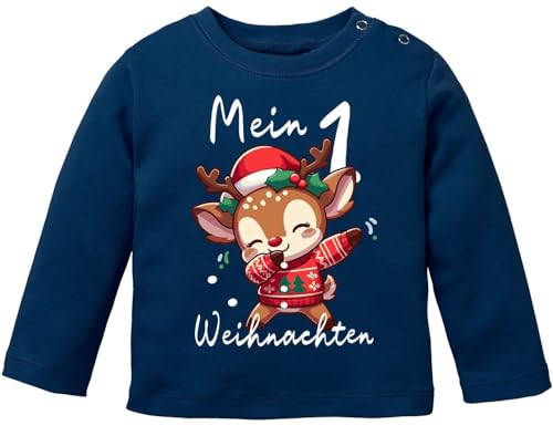 MoonWorks® Baby Langarmshirt Mein 1. Weihnachten Weihnachtsoutfit Spruch Grinch Rentier Jungen Mädchen Longsleeve Dabbing Rentier Navy 68/74 (4-9 Monate) von MoonWorks