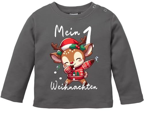 MoonWorks® Baby Langarmshirt Mein 1. Weihnachten Weihnachtsoutfit Spruch Grinch Rentier Jungen Mädchen Longsleeve Dabbing Rentier dunkelgrau 68/74 (4-9 Monate) von MoonWorks