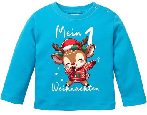 MoonWorks® Baby Langarmshirt Mein 1. Weihnachten Weihnachtsoutfit Spruch Grinch Rentier Jungen Mädchen Longsleeve Dabbing Rentier türkis 68/74 (4-9 Monate) von MoonWorks