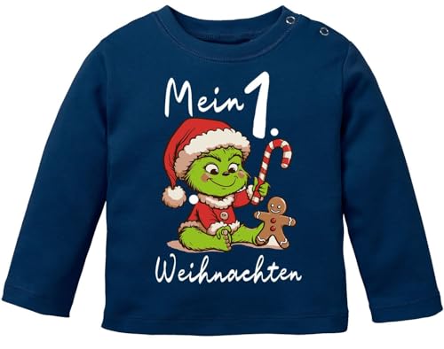 MoonWorks® Baby Langarmshirt Mein 1. Weihnachten Weihnachtsoutfit Spruch Grinch Rentier Jungen Mädchen Longsleeve Grinch Navy 56/62 (1-3 Monate) von MoonWorks