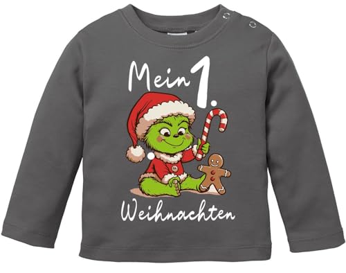 MoonWorks® Baby Langarmshirt Mein 1. Weihnachten Weihnachtsoutfit Spruch Grinch Rentier Jungen Mädchen Longsleeve Grinch dunkelgrau 56/62 (1-3 Monate) von MoonWorks