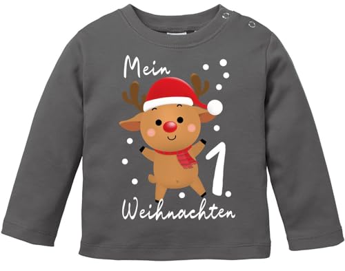 MoonWorks® Baby Langarmshirt Mein 1. Weihnachten Weihnachtsoutfit Spruch Grinch Rentier Jungen Mädchen Longsleeve dunkelgrau 80/86 (10-15 Monate) von MoonWorks