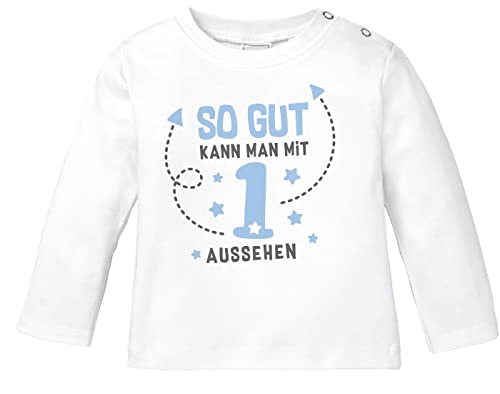 MoonWorks® Baby Langarmshirt erster Geburtstag Spruch so gut kann Man mit 1 BZW 2 Aussehen Babyshirt Shirt 1 weiß/blau 80/86 (10-15 Monate) von MoonWorks