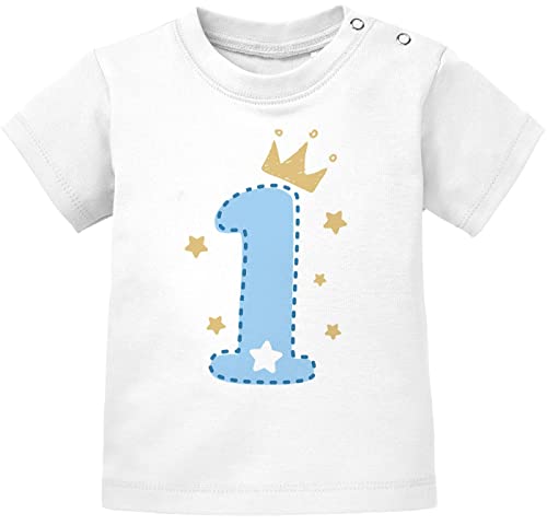 MoonWorks® Baby T-Shirt 1. Geburtstag, Zahl 1 BZW. 2 mit Krone und Sternen Geburtstagsshirt Kurzarm Bio-Baumwolle 1 weiß/blau 68/74 (4-9 Monate) von MoonWorks