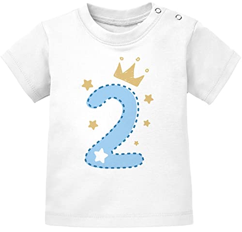 MoonWorks® Baby T-Shirt 1. Geburtstag, Zahl 1 BZW. 2 mit Krone und Sternen Geburtstagsshirt Kurzarm Bio-Baumwolle 2 weiß/blau 92/98 (16-24-Monate) von MoonWorks