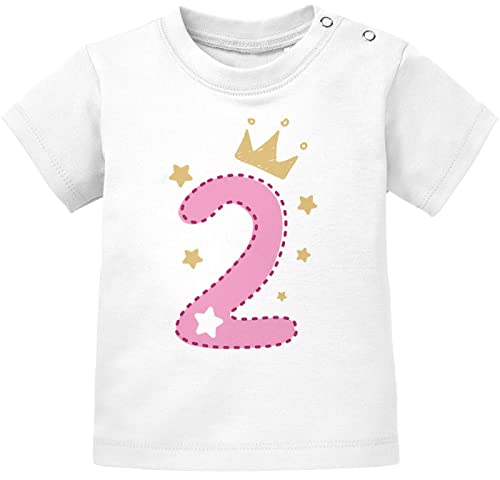 MoonWorks® Baby T-Shirt 1. Geburtstag, Zahl 1 BZW. 2 mit Krone und Sternen Geburtstagsshirt Kurzarm Bio-Baumwolle 2 weiß-rosa 92/98 (16-24-Monate) von MoonWorks
