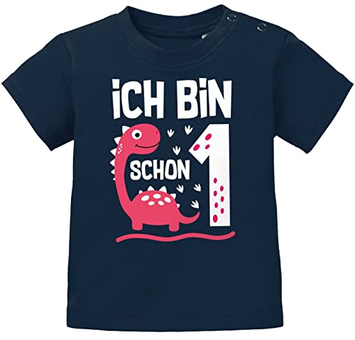 MoonWorks® Baby T-Shirt 1. Geburtstag Ich Bin Schon 1 Jahr Dinosaurier Dino Geburtstagsshirt Kurzarm Bio-Baumwolle Mädchen Navy 80/86 (10-15 Monate) von MoonWorks