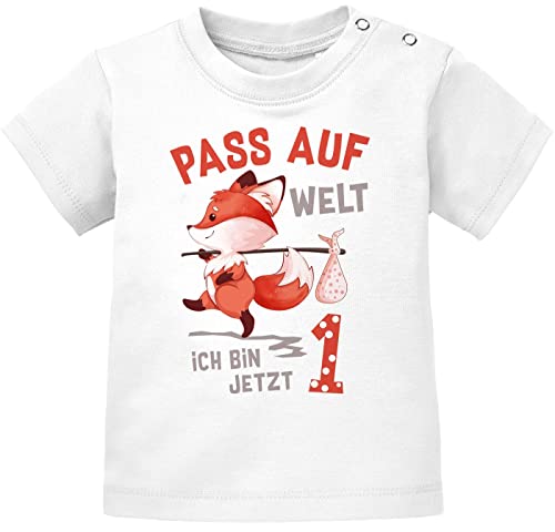 MoonWorks® Baby T-Shirt 1. Geburtstag Pass auf Welt ich Bin jetzt 1 Fuchs Geburtstagsshirt Kurzarm Bio-Baumwolle 1 weiß 68/74 (4-9 Monate) von MoonWorks