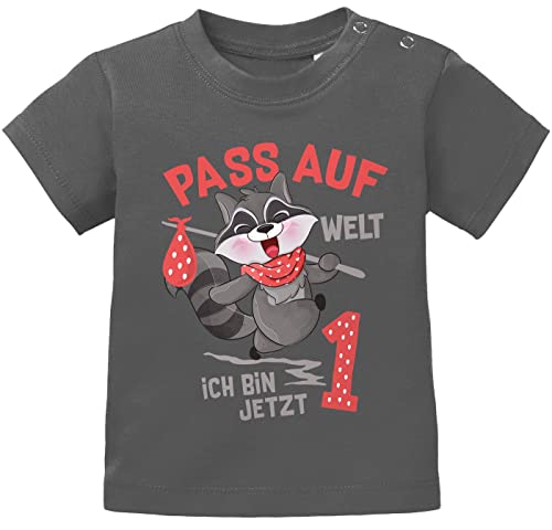 MoonWorks® Baby T-Shirt 1. Geburtstag Pass auf Welt ich Bin jetzt 1 Waschbär Geburtstagsshirt Kurzarm Bio-Baumwolle dunkelgrau 68/74 (4-9 Monate) von MoonWorks