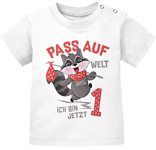 MoonWorks® Baby T-Shirt 1. Geburtstag Pass auf Welt ich Bin jetzt 1 Waschbär Geburtstagsshirt Kurzarm Bio-Baumwolle weiß 80/86 (10-15 Monate) von MoonWorks