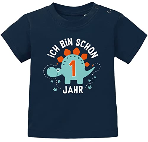 MoonWorks® Baby T-Shirt 1. Geburtstag Spruch Ich Bin Schon 1 Jahr Dinosaurier Dino Geburtstagsshirt Kurzarm Bio-Baumwolle Navy 92/98 (16-24-Monate) von MoonWorks