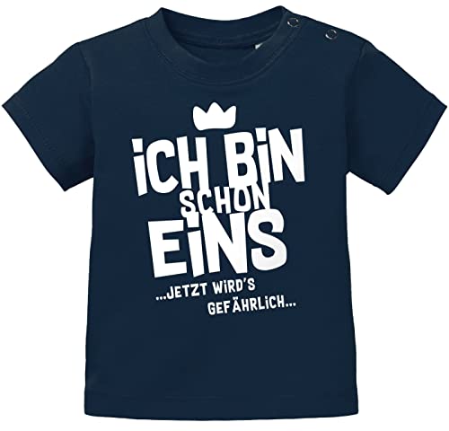 MoonWorks® Baby T-Shirt 1. Geburtstag Spruch Ich Bin Schon 1 jetzt wird's gefährlich Geburtstagsshirt Bio-Baumwolle Navy weiß 80/86 (10-15 Monate) von MoonWorks