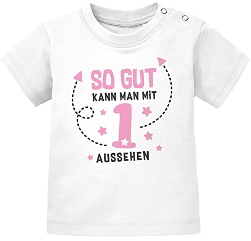MoonWorks® Baby T-Shirt 1. Geburtstag Spruch so gut kann Man mit 1 BZW 2 Aussehen Geburtstagsshirt Kurzarm Bio-Baumwolle 1 weiß-rosa 68/74 (4-9 Monate) von MoonWorks