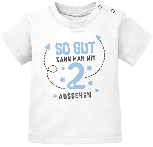 MoonWorks® Baby T-Shirt 1. Geburtstag Spruch so gut kann Man mit 1 BZW 2 Aussehen Geburtstagsshirt Kurzarm Bio-Baumwolle 2 weiß/blau 92/98 (16-24-Monate) von MoonWorks