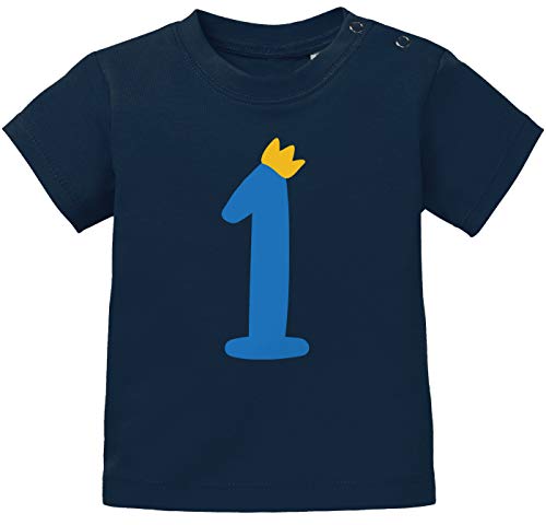 MoonWorks® Baby T-Shirt 1. Geburtstag Zahl 1 mit Krone Geburtstagsshirt Aufdruck Alter Kurzarm Bio-Baumwolle dunkelblau-blau 92/98 (16-24-Monate) von MoonWorks