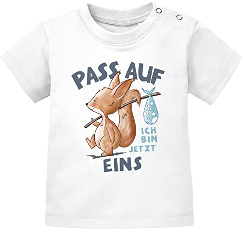 MoonWorks® Baby T-Shirt 1. Geburtstag mit Spruch Ich Bin jetzt Eins | Zwei | DREI Eichhörnchen Tiere Geburtstagsshirt Kurzarm Bio-Baumwolle 2 Jahre s weiß 80/86 (10-15 Monate) von MoonWorks