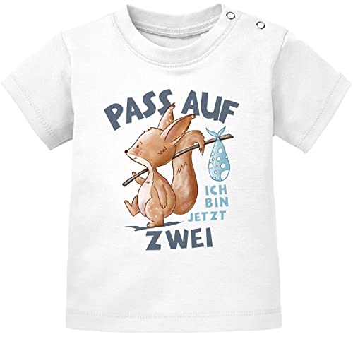 MoonWorks® Baby T-Shirt 1. Geburtstag mit Spruch Ich Bin jetzt Eins | Zwei | DREI Eichhörnchen Tiere Geburtstagsshirt Kurzarm Bio-Baumwolle 2 Jahre weiß 80/86 (10-15 Monate) von MoonWorks