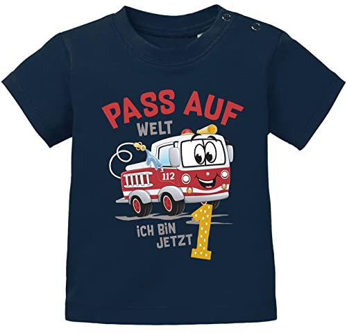 MoonWorks® Baby T-Shirt 1.Geburtstag Feuerwehr-Auto Pass auf Welt ich Bin jetzt 1 Geburtstagsshirt Kurzarm Bio-Baumwolle dunkelblau 80/86 (10-15 Monate) von MoonWorks