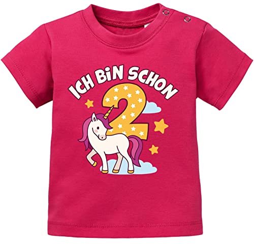 MoonWorks® Baby T-Shirt Einhorn Alter Zahl Spruch Ich Bin Schon 1 (2) Geburtstagsshirt für Mädchen Kurzarm Bio-Baumwolle 2 Jahre Sorbet 92/98 (16-24-Monate) von MoonWorks