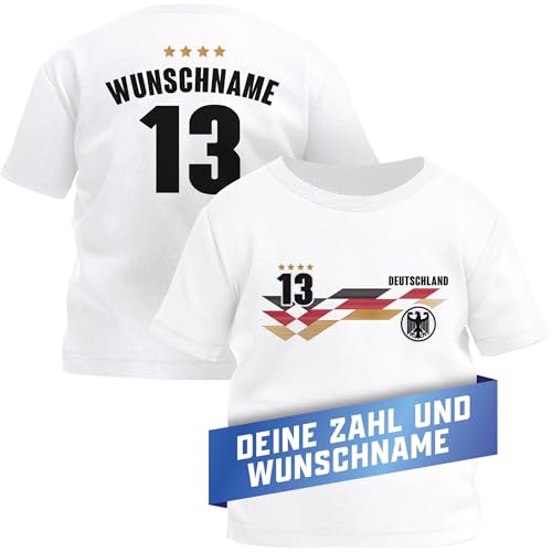 MoonWorks® Baby T-Shirt Fussball Trikot mit Name und Wunschzahl Deutschland EM 2024 personalisierbares Fanshirt Junge/Mädchen weiß 92/98 (16-24-Monate) von MoonWorks