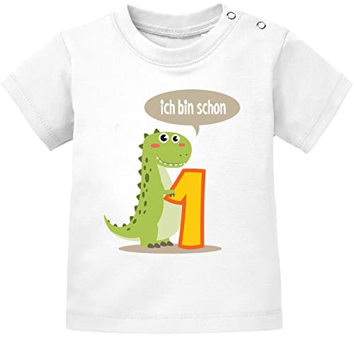 MoonWorks® Baby T-Shirt Kurzarm Babyshirt Geburtstag 1 Jahr Eins Dino T-Rex Drache Jungen Shirt weiß 80/86 (10-15 Monate) von MoonWorks