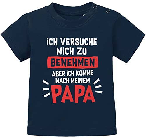 MoonWorks® Baby T-Shirt Kurzarm Bedruckt mit lustigem Papa -Spuch Ich versuche Mich zu benehmen Babyshirt Jungen Mädchen dunkelblau 68/74 (4-9 Monate) von MoonWorks