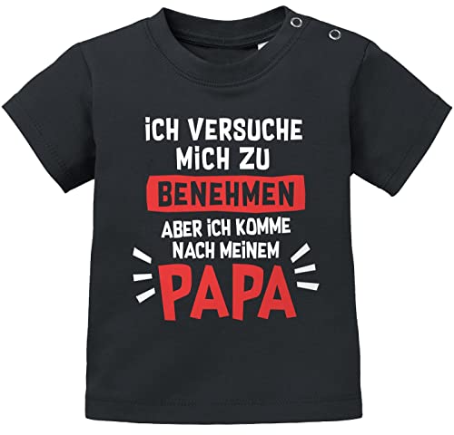 MoonWorks® Baby T-Shirt Kurzarm Bedruckt mit lustigem Papa -Spuch Ich versuche Mich zu benehmen Babyshirt Jungen Mädchen schwarz 68/74 (4-9 Monate) von MoonWorks