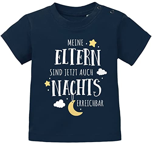 MoonWorks® Baby T-Shirt Kurzarm mit Spruch lustig Meine Eltern sind jetzt auch nachts erreichbar ! Babyshirt Jungen Mädchen dunkelblau 56/62 (1-3 Monate) von MoonWorks