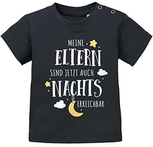 MoonWorks® Baby T-Shirt Kurzarm mit Spruch lustig Meine Eltern sind jetzt auch nachts erreichbar ! Babyshirt Jungen Mädchen schwarz 80/86 (10-15 Monate) von MoonWorks