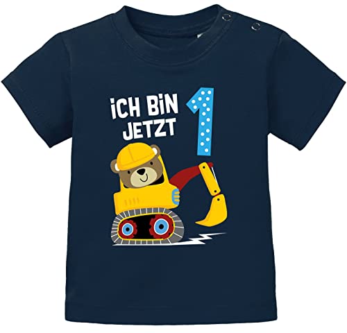 MoonWorks® Baby T-Shirt erster | zweiter Geburtstag Bär Bagger Bauarbeiter Baggerfahrer Geburtstagsshirt Kurzarm Bio-Baumwolle 1 Jahr dunkelblau 92/98 (16-24-Monate) von MoonWorks