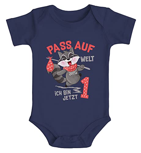 MoonWorks® Babybody 1. Geburtstag Pass auf Welt ich Bin jetzt 1 Waschbär Kurzarm Body Bio-Baumwolle Navy 12-18 Monate von MoonWorks