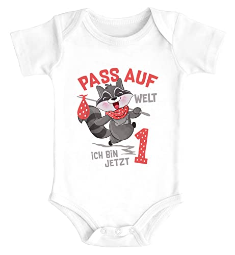 MoonWorks® Babybody 1. Geburtstag Pass auf Welt ich Bin jetzt 1 Waschbär Kurzarm Body Bio-Baumwolle weiß 12-18 Monate von MoonWorks