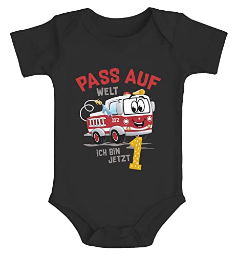 MoonWorks® Babybody 1.Geburtstag Feuerwehr-Auto Pass auf Welt ich Bin jetzt 1 Kurzarm Body Bio-Baumwolle schwarz 12-18 Monate von MoonWorks
