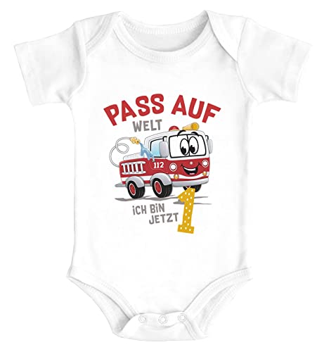 MoonWorks® Babybody 1.Geburtstag Feuerwehr-Auto Pass auf Welt ich Bin jetzt 1 Kurzarm Body Bio-Baumwolle weiß 12-18 Monate von MoonWorks