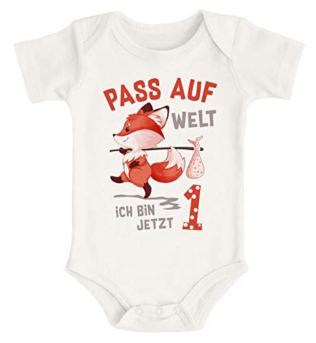 MoonWorks® Babybody erster Geburtstag Pass auf Welt ich Bin jetzt 1 Fuchs Kurzarm Body Bio-Baumwolle 1 Natur 12-18 Monate von MoonWorks