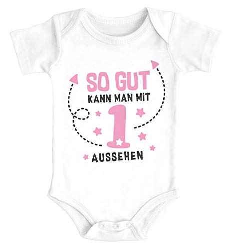 MoonWorks® Babybody erster Geburtstag Spruch so gut kann Man mit 1 BZW 2 Aussehen Kurzarm Body Bio-Baumwolle 1 weiß-rosa 12-18 Monate von MoonWorks