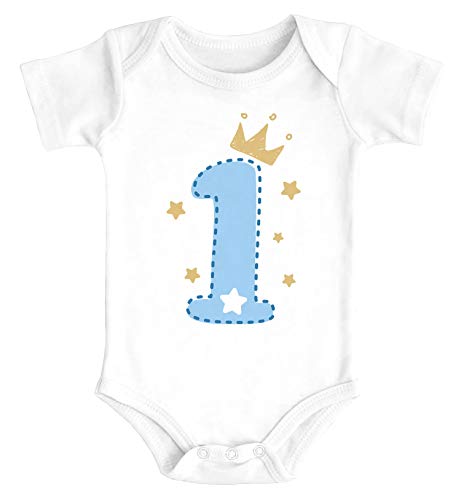 MoonWorks® Babybody erster Geburtstag Zahl 1 BZW. 2 mit Krone und Sternen Kurzarm Body Bio-Baumwolle 1 weiß/blau 6-12 Monate von MoonWorks